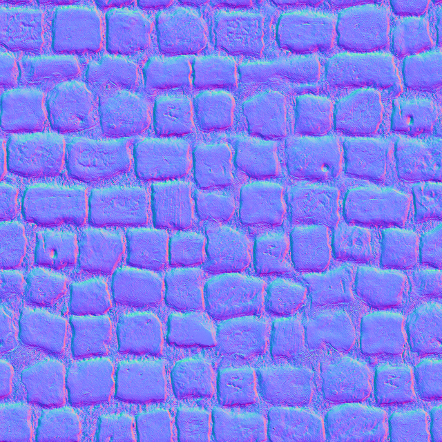 The purple-blue normal map of the same cobblestones, each stone's edges tinted