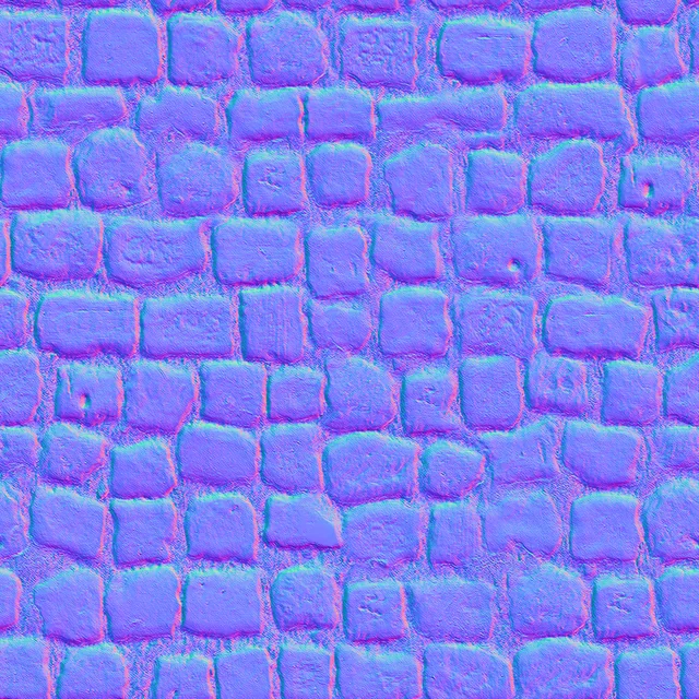 The purple-blue normal map of the same cobblestones, each stone's edges tinted
