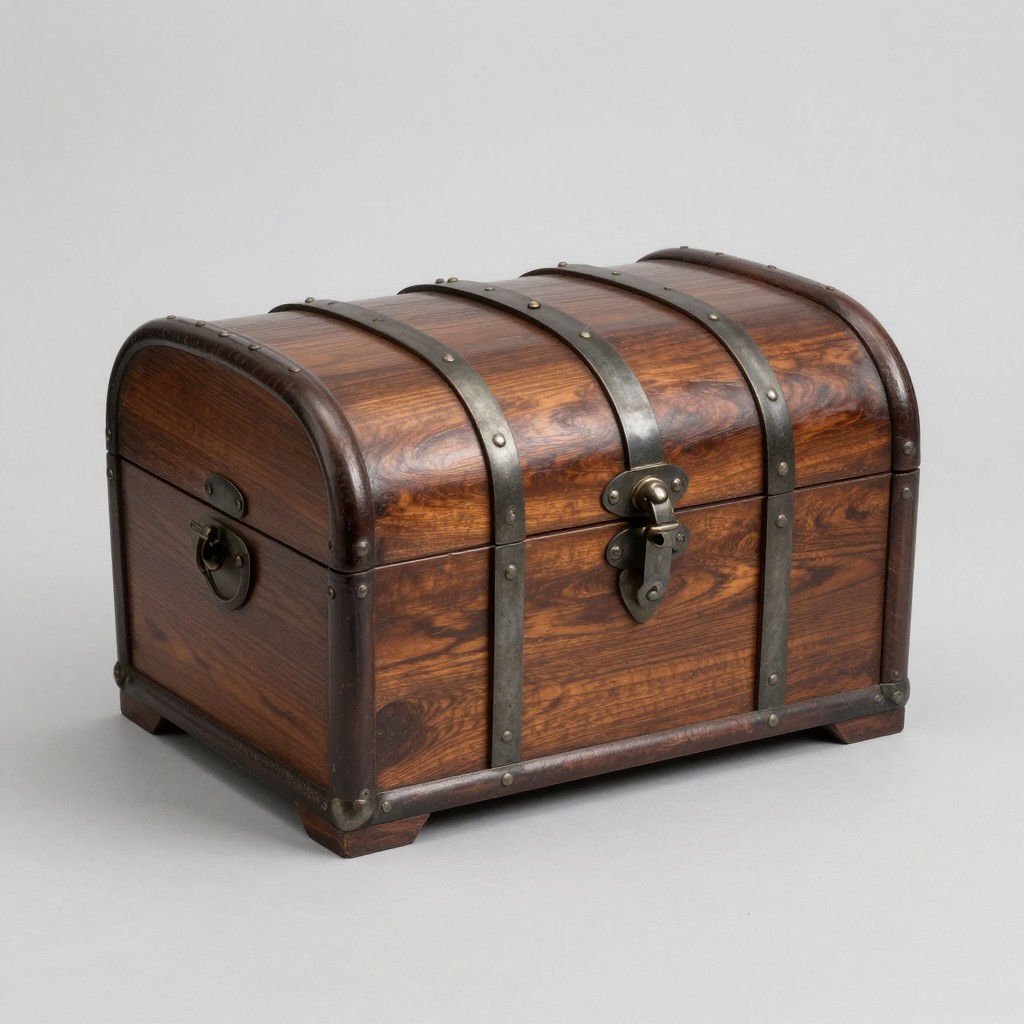 A wooden treasure chest photographed on a plain grey background