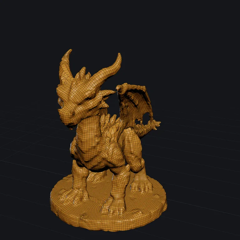 Dragon 3D model remeshed into quads by QuadriFlow, shown as wireframe
