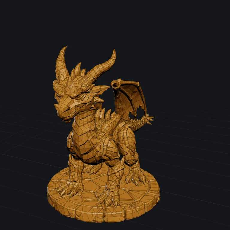 Dragon 3D model remeshed into quads by Tripo, shown as wireframe