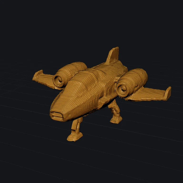 Spaceship 3D model remeshed into quads by QuadriFlow, shown as wireframe