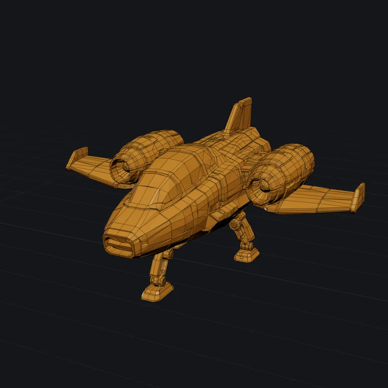 Spaceship 3D model remeshed into quads by Tripo, shown as wireframe