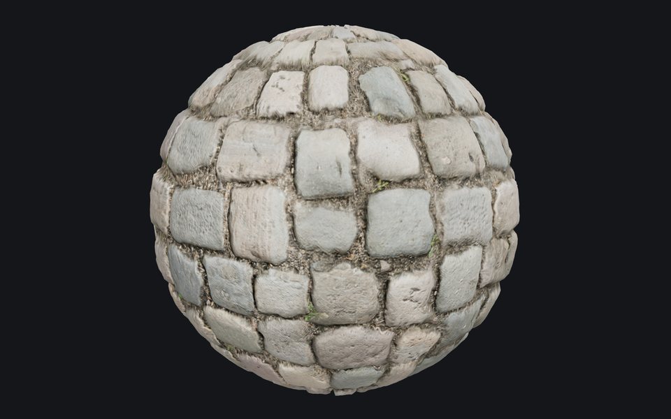 Cobblestones on a smooth sphere, every stone and joint lit from a normal map