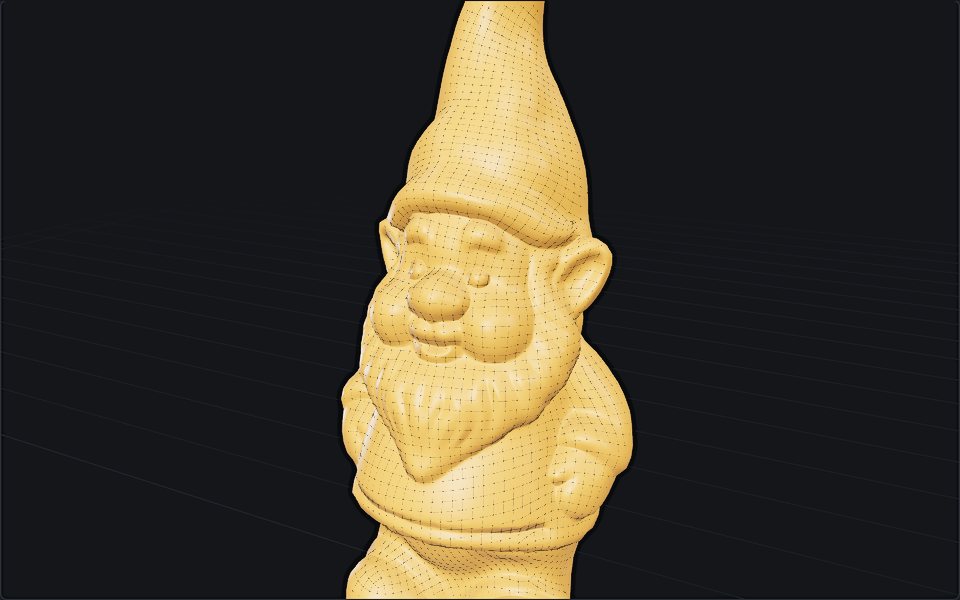 A generated garden gnome remeshed into 5,628 even quads, the beard's detail carried by a baked normal map