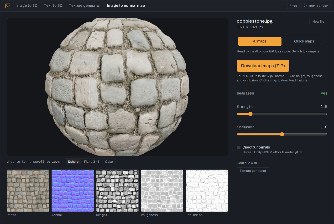Image to normal map with a cobblestone photo lit on a sphere from its AI maps
