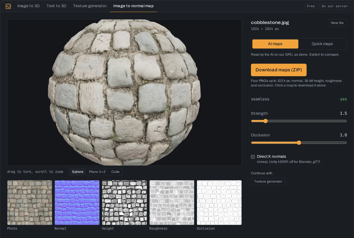 Image to normal map with a cobblestone photo lit on a sphere from its AI maps