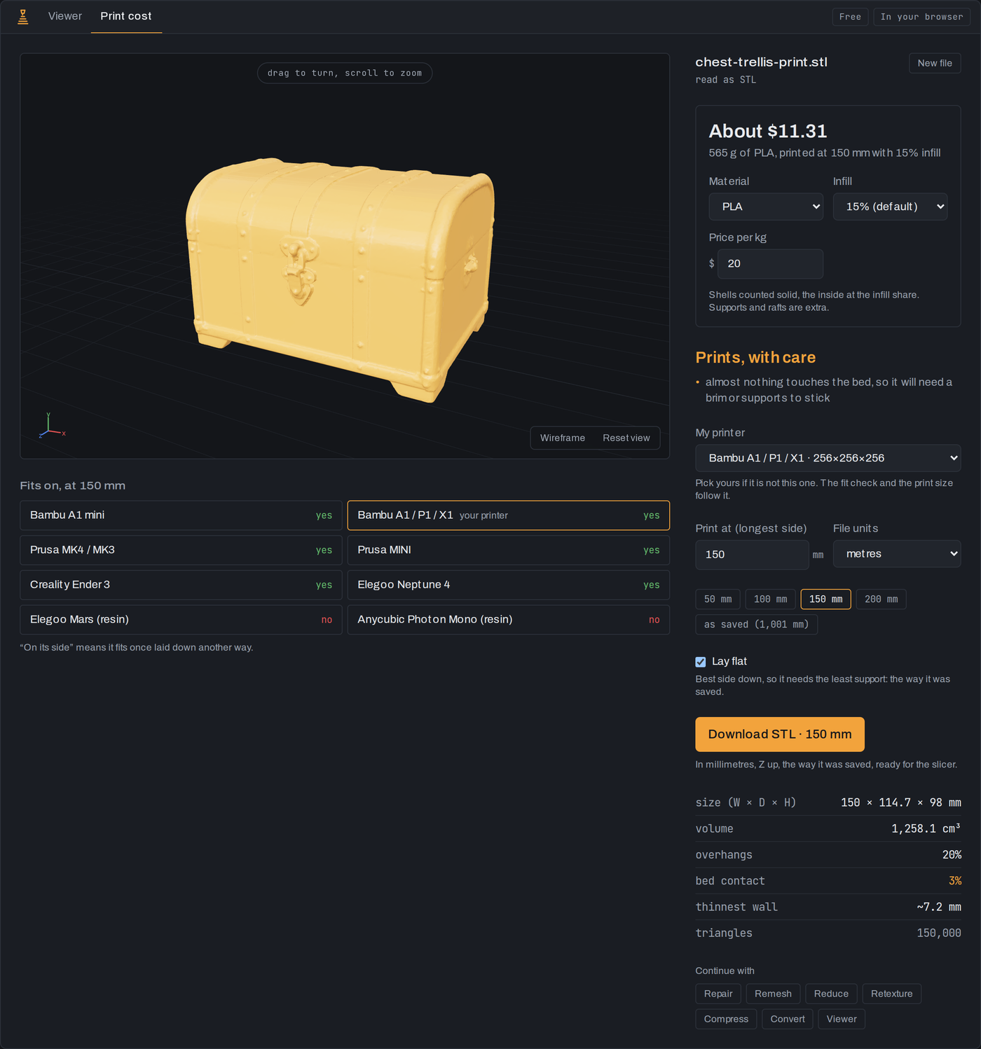 Print cost with the chest at 150 mm: about $11.31, 565 g of PLA, the printers it fits and the STL download